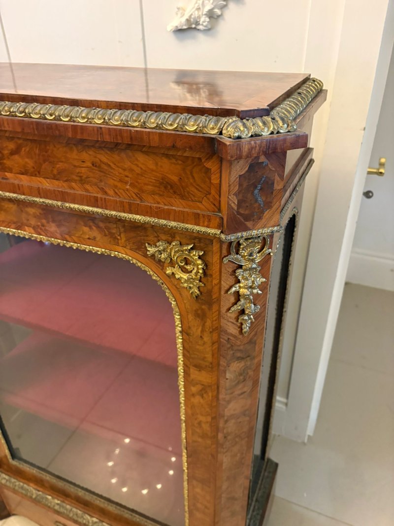 Antique Exceptional Pair of Victorian Burr Walnut Pier Cabinets with Ormolu Mounts - Image 11